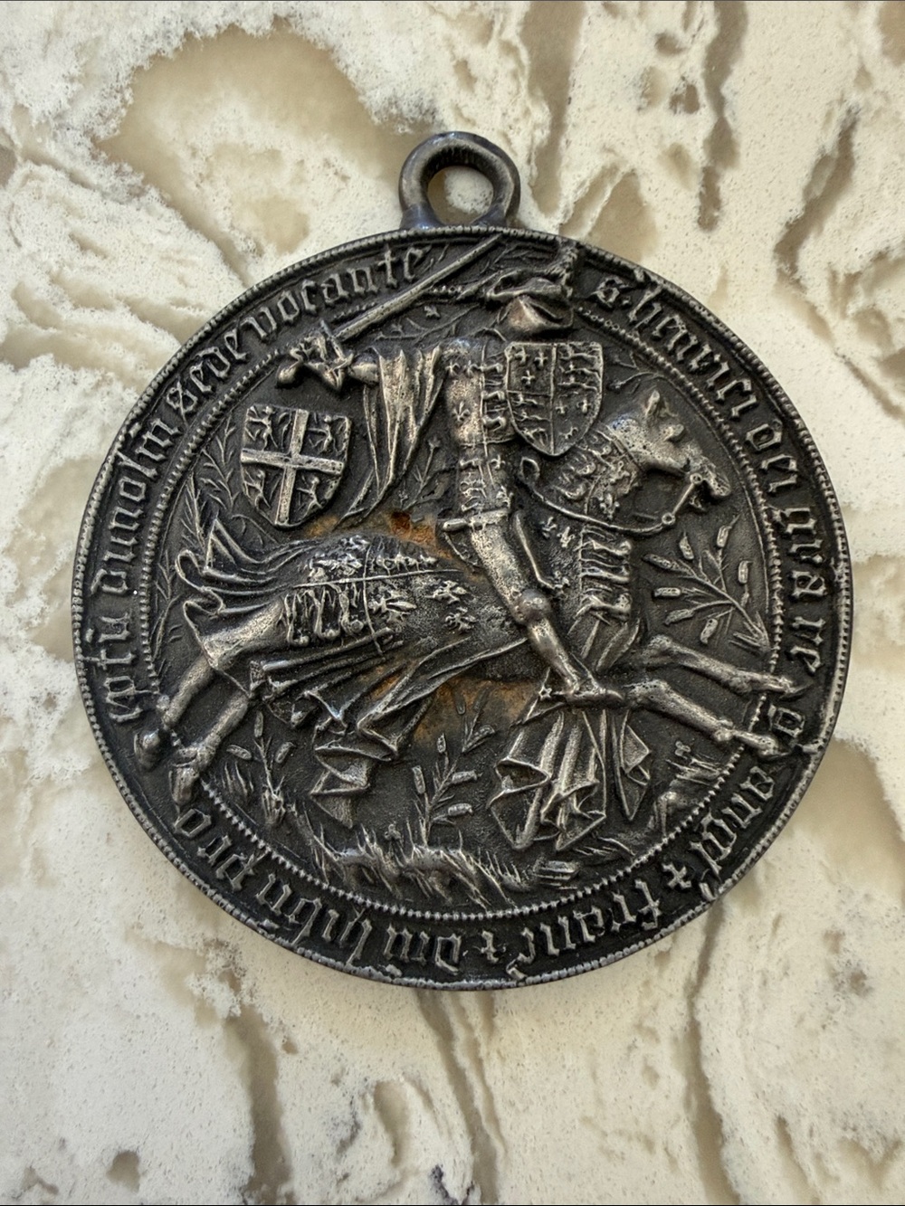 Antique-Pewter Medallion Pendant with Knight Motif